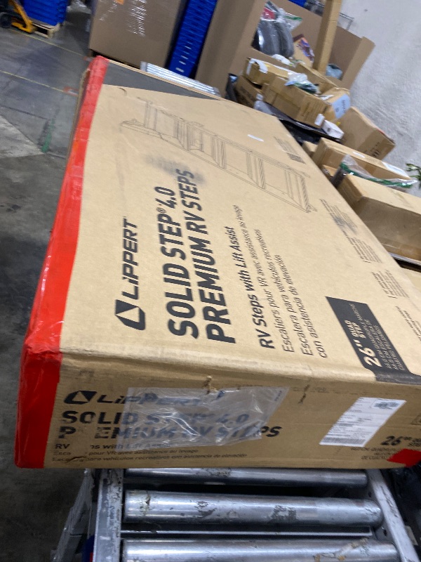 Photo 1 of Lippert Solid Step 4.0 Premium Quad RV Camper Entry Steps with Lift Assist Gas Struts, 26" Step Width, XL Top Tread, 8" Rise, 500-lb. Weight Capacity, Adjustable Legs, Recessed Feet - 2024057000