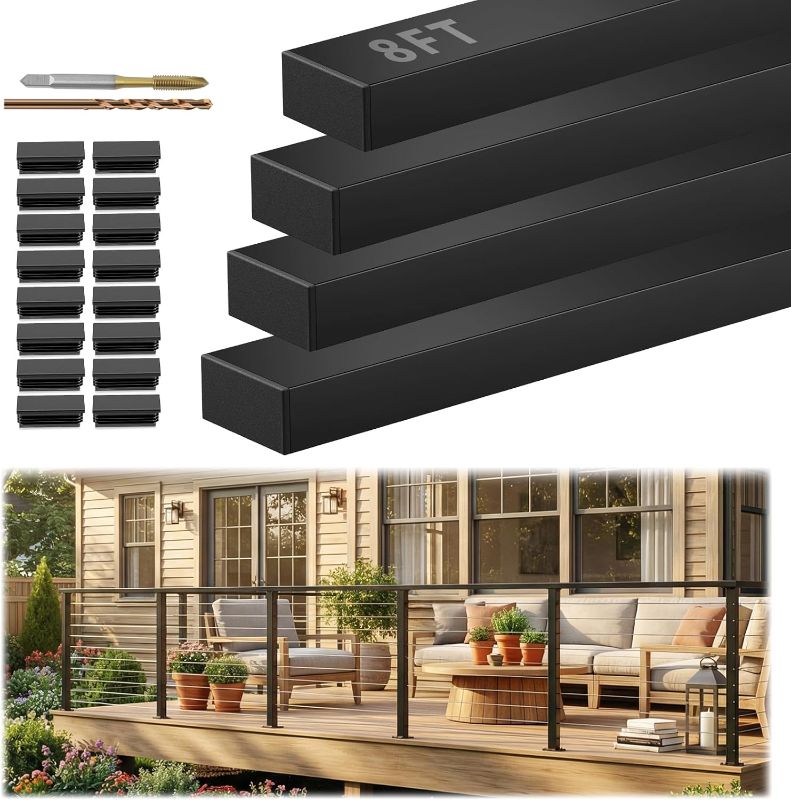 Photo 1 of 8FT Stainless Steel T304 Black Handrail, 4 Pack Rectangular Cuttable Handrail Flat Deck Top Rail with 16 Pcs Nylon End Caps for Indoor Outdoor Deck Stair Cable Railing System DIY Balustrade