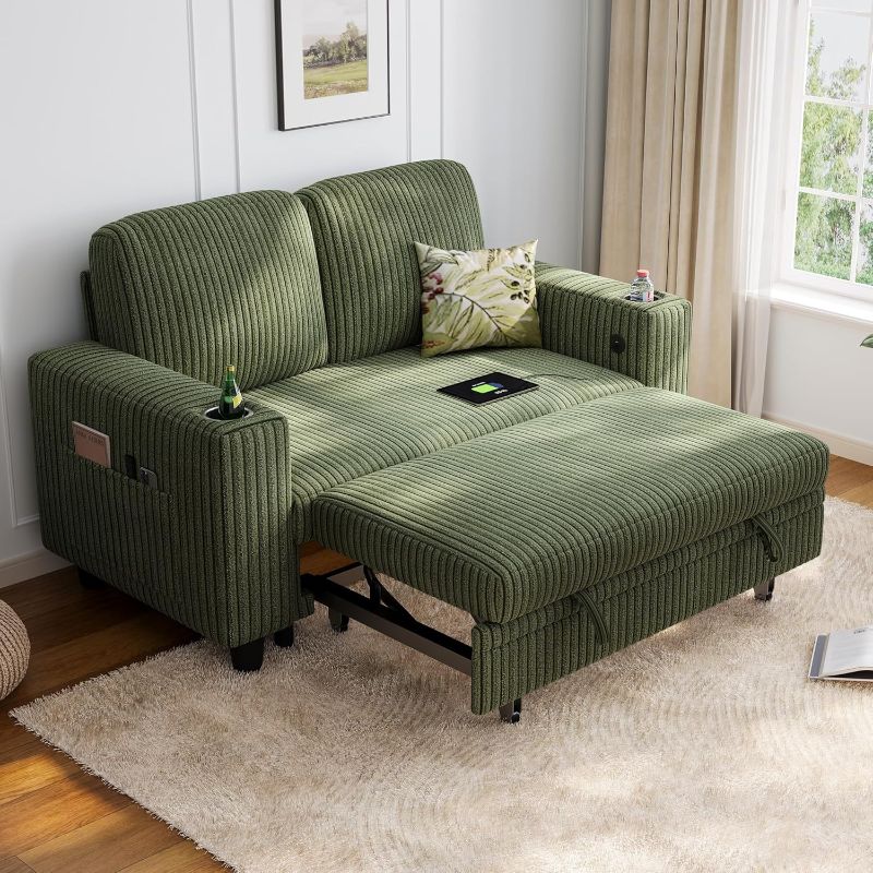 Photo 1 of LINSY HOME Loveseat Sofa with Pull Out Couch Chaise: 2-in-1 Convertible 2 Seater Sofa with USB Charging & Cup Holders, Comfy Plush Corduroy Love Seat for Small Spaces Living Room Apartment, Green
