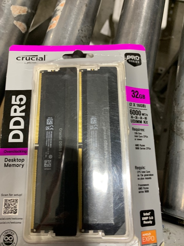 Photo 1 of Crucial Pro 32GB DDR5 RAM Kit (2x16GB),CL36 6000MHz, Overclocking Desktop Gaming Memory, Intel XMP 3.0 & AMD Expo Compatible, Black - CP2K16G60C36U5B