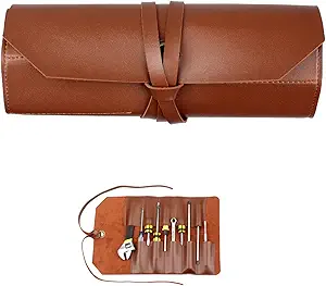 Photo 1 of 10 Pockets Roll Up Tool Pouch, Chisel Roll Multi-Functional Tool Roll Bag, Leather Portable Repair Woodworking And Electrical Bag, Store Chisel,Wrench,Pliers,Carving Knife (BROWN)