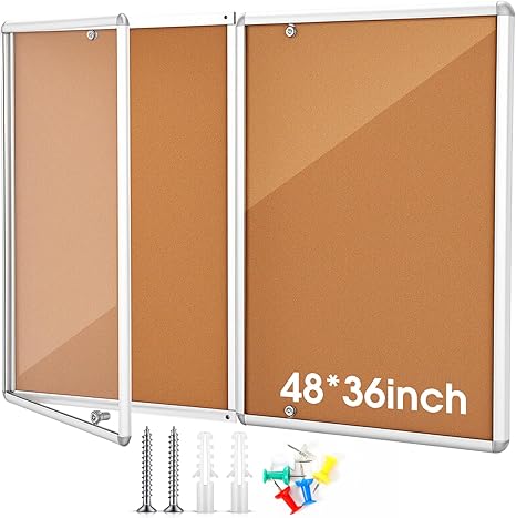 Photo 1 of Motipuns 2 Pack 48"x36" Enclosed Bulletin Board Weather Resistant Lockable Enclosed Notice Cork Case Display Board Wall Mounted 2 Locking Door Aluminum Frame for Office School Commercial, 12xA4(Gray)