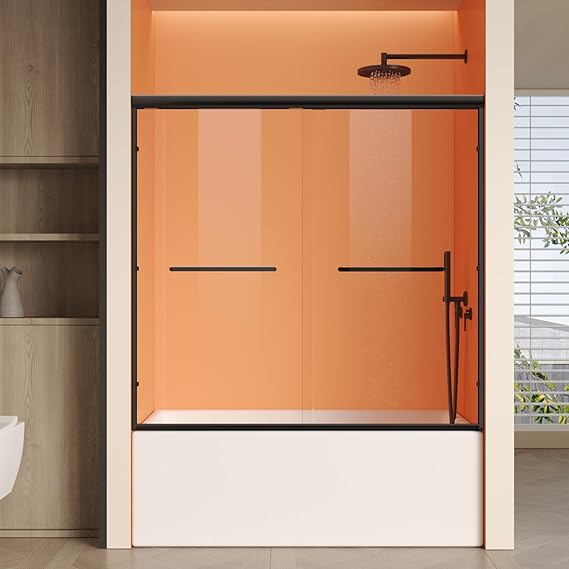 Photo 1 of Bathtub Shower Door, 50-60" W x 57" H Shower Glass Door, Semi-Frameless Double Sliding Bathroom Tub Shower Door with 1/4 inch Clear Tempered Glass, Matte Black