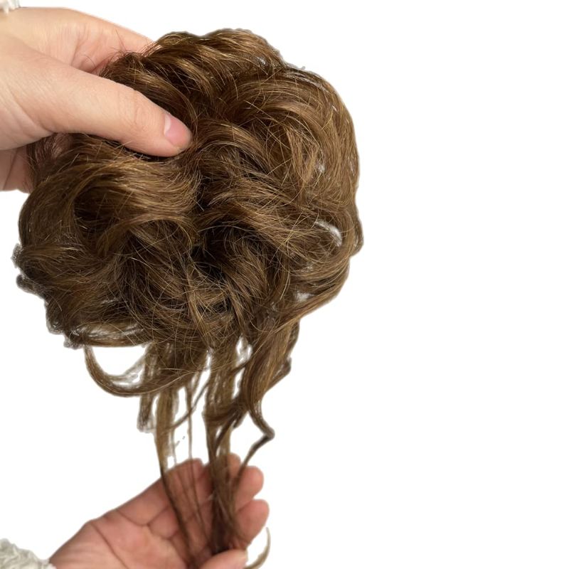 Photo 1 of 100% Human Hair Messy Bun Extension Tail, Messy Hair Bun Hair Scrunchies Extension with Fringe Curly Wavy Chignon for Women Wedding Tousled Updo Hairpiece (Dark Brown)