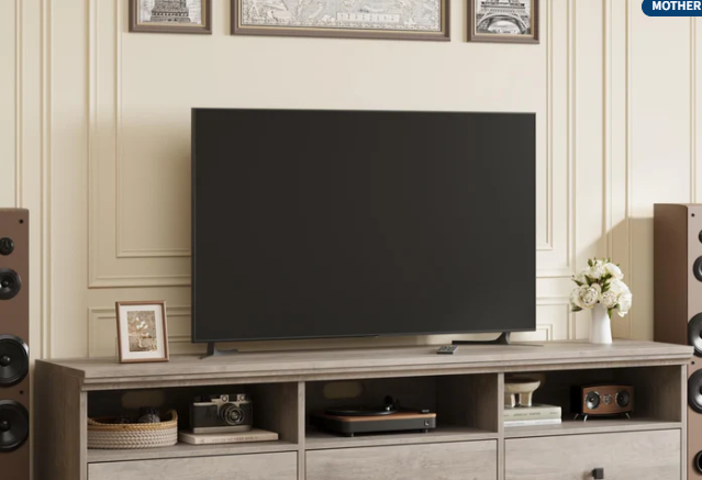 Photo 1 of Garvee TV Stand for 75 Inch TV, Mid-Century Modern Entertainment Center with Storage Drawer,70" TV Console Media Cabinet with Open Shelves, for Living Room, Gray
