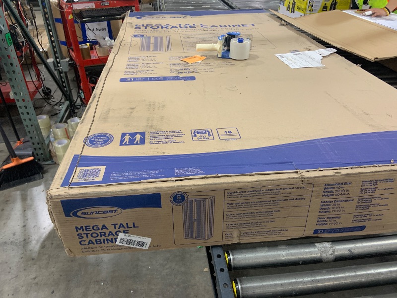 Photo 1 of Suncast 31 Cubic Feet Mega Tall Storage Cabinet with 3 Adjustable Shelves, Platinum Metallic & Slate – Garage or Basement Utility Resin Organizer with 75 Pound Capacity Per Shelf and Lockable Doors