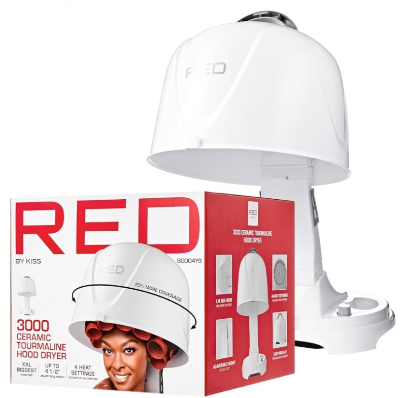 Photo 1 of RED Red by Kiss 3000 Ceramic Tourmaline Professional Hood Dryer, 4 Heat Settings Blow Dryer for Home & Salon, Height Adjustable Convenient Big Hood Size Extra Coverage (1875 Wattage)