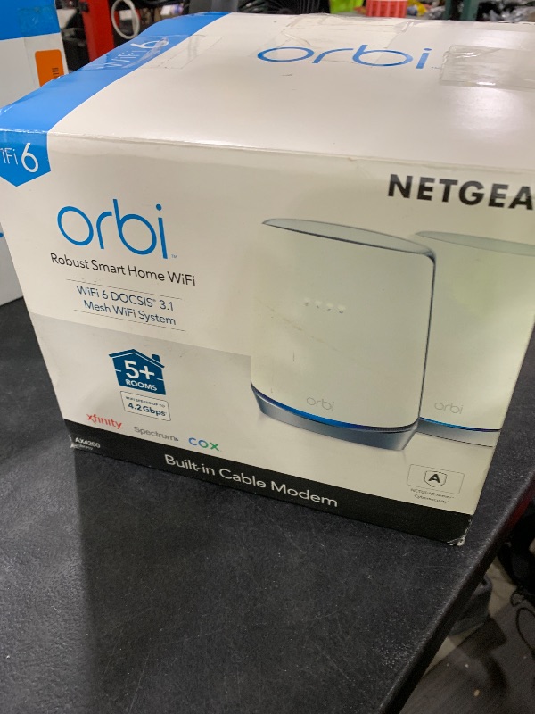 Photo 1 of NETGEAR Orbi Cable Modem Router Combo Mesh System (CBK752) DOCSIS 3.1 – AX4200 WiFi 6 (4.2 Gbps) – Certified with Xfinity (up to 900Mbps, Spectrum & Cox (up to 1Gbps) – Covers 5,000 sq.ft.