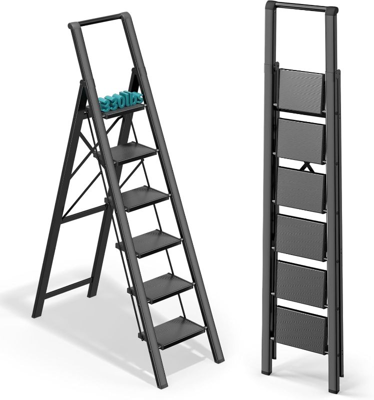 Photo 1 of WOA WOA 6 Step Ladder for High Ceiling, Lightweight Folding Ladders, with Handrails & Anti-Slip Wide Pedal, for Home and Kitchen Tall Cabinets, 330 lbs Capacity - Black
