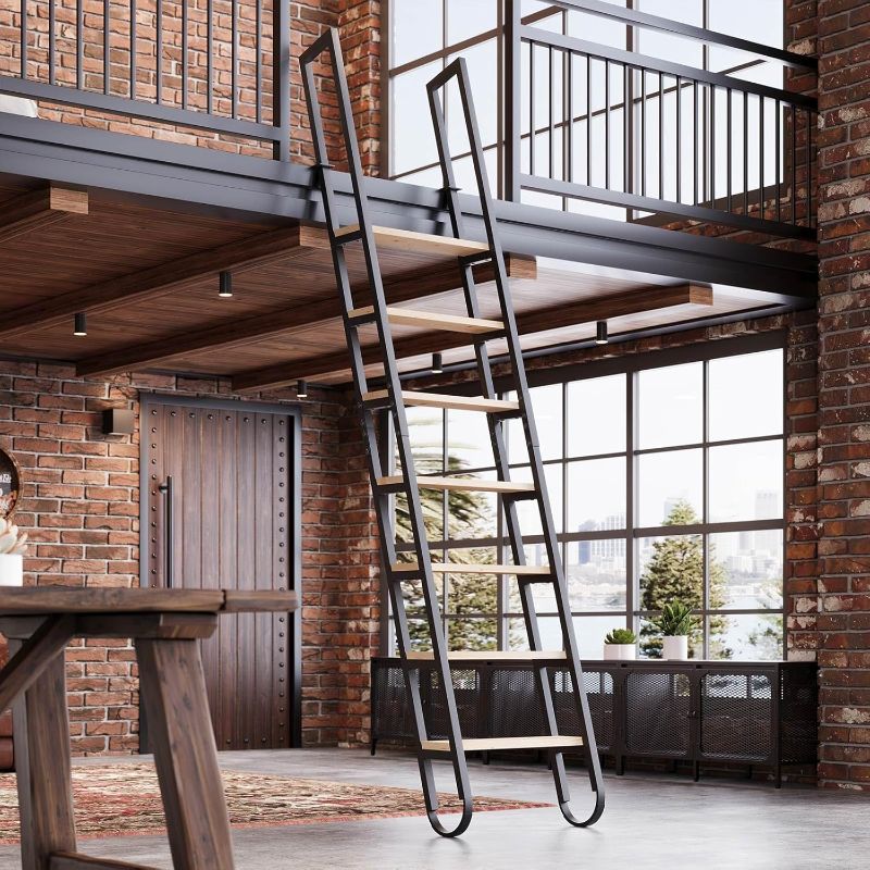 Photo 1 of 9.35FT Industrial Style Loft Ladder, 7 Steps with Black Steel Handrails & Solid Wood Steps, 450lbs Capacity, Fits 7.2-8FT Installation Height, for Attic, Kitchen, Warehouse, Bookshelf& Outdoor

