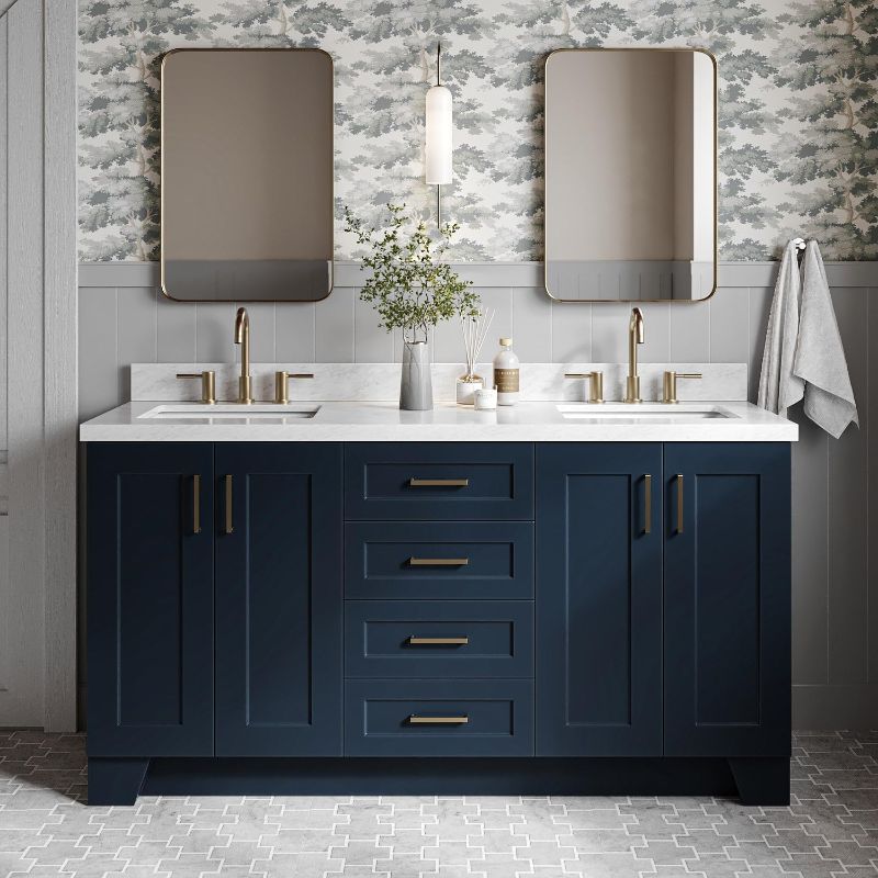 Photo 1 of DKB Emilia 66" Midnight Blue Double Bathroom Vanity with Sink, 1.5" Edge Italian Carrara Marble Countertop, Rectangular Sinks, 4 Soft Close Doors, 6 Dovetail Drawers (partial sink only)

