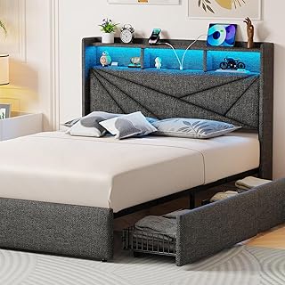 Photo 1 of Driftalia King Size Bed Frame with 4 Storage Drawers, Upholstered King Bed Frame with Charging Station and LED Lights Headboard, No Box Spring Needed, Easy Assembly - Dark Grey