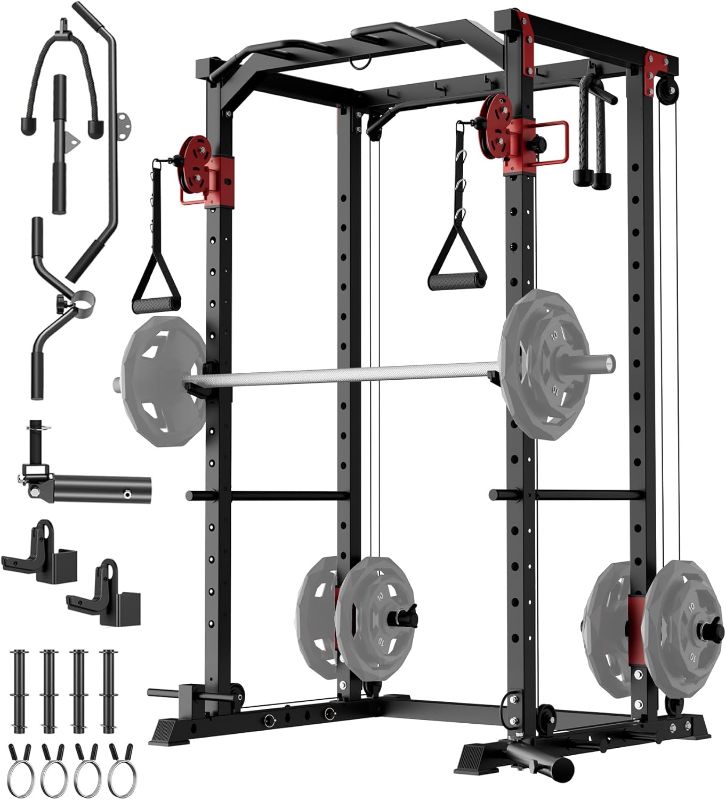 Photo 1 of Garvee Power Cage, Multi-Functional Power Racks for Home Gym with Dual Pulley Systems, 1200 LBS Weight Capacity Fitness Squat Rack for Strength Workout with More Training Attachment, Red (partial set )
