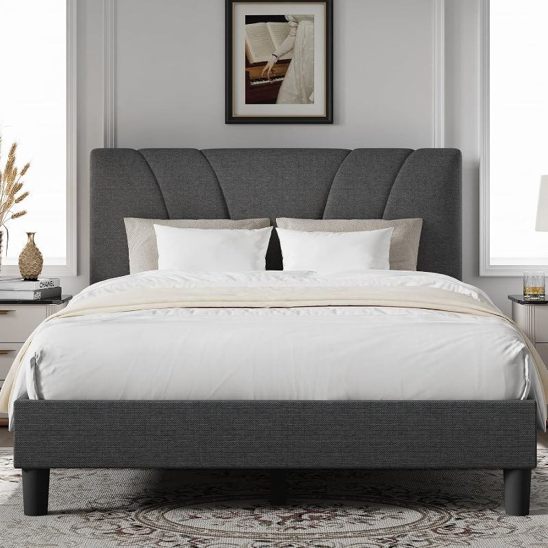 Photo 1 of Novilla King Size Bed Frame Upholstered Platform King Bed Frame with Adjustable Headboard, Strong Weight Capacity, No Box Spring Needed, Easy Assembly, Grey