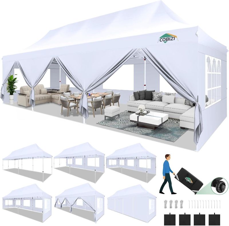 Photo 1 of COBIZI Canopy Tent 10x30 Pop Up Canopy with 8 Removable Sidewalls Party Tents for Parties Wedding Patio Commercial Waterproof and UV50+ Ez Outdoor Instant Gazebo with Roller Bag & 4 Sandbags?White
