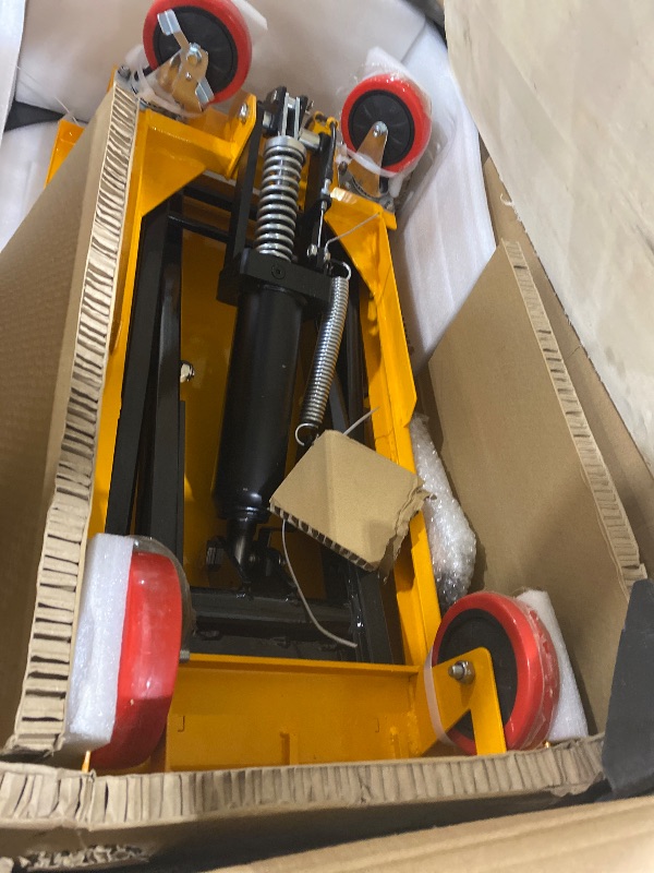 Photo 1 of Hydraulic Lift Table Cart, 1100lbs Capacity, 34.7" Lifting Height, Single Scissor Lift with Non-Slip Pad & Safety Guard Foldable Handle for Material Handling and Transportation, Yellow