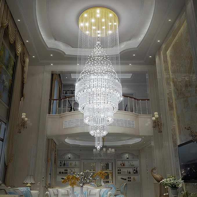 Photo 1 of Flashing God D40 x H110 Gold Raindrop Crystal Chandelier LED Dimmable Contemporary Chandelier Large Pendant Light for Entryway Stairway Foyer
