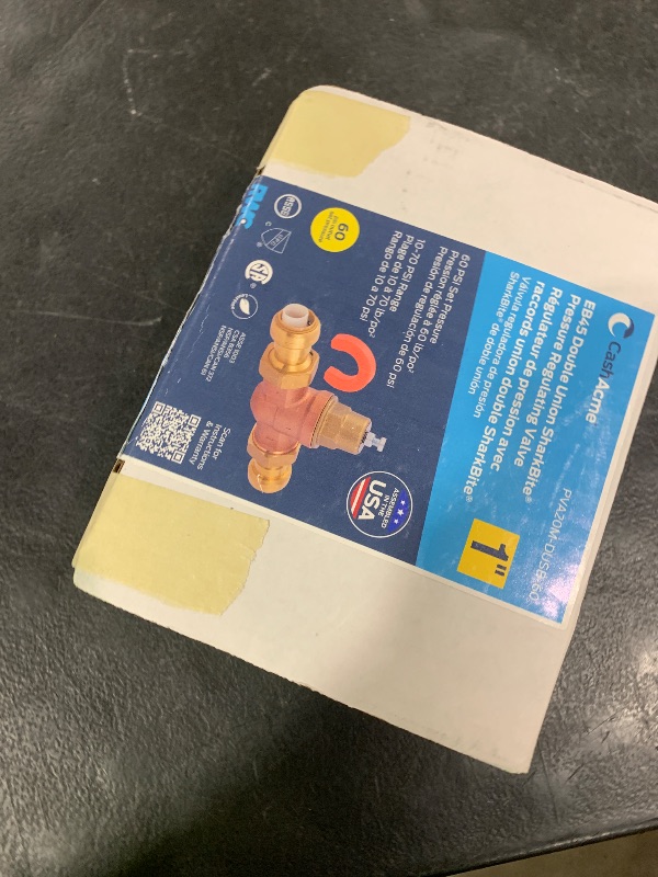 Photo 1 of Cash Acme EB45 Pressure Regulating Valve with Disconnect Clip, Double Union, 1 Inch Push to Connect, Metal Top, 60 PSI, Compatible with SharkBite, PVA20M-DUSB-60