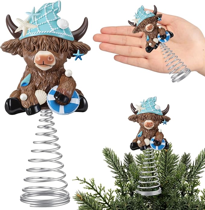 Photo 1 of **NO SPRING**Gejoy Summer Coastal Highland Cow Miniature Tree Topper, 5.1 Inches Mini Resin Beach Cow Figurine Treetop with Seashells Starfish Sandcastle & Metal Spring for Tiered Tray Decor, Calf Lover Gifts