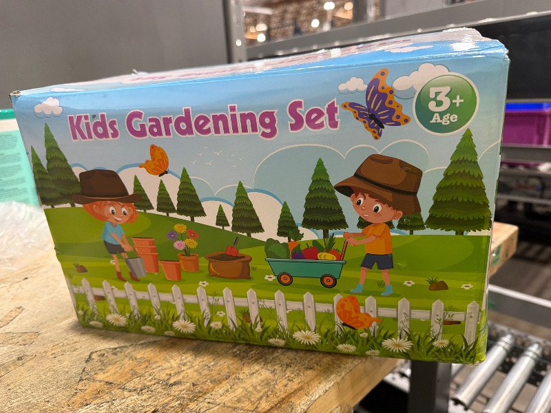 Photo 1 of **FOR PARTS ONLY**FHOZGECY Kids Gardening Set with Wheelbarrow, Metal Gardening Tools with Apron, Gloves, Watering Can, Repotting Mat, Flower Pots, Outdoor Backyard Play Learning Toys for Boys Girls Ages 3-8