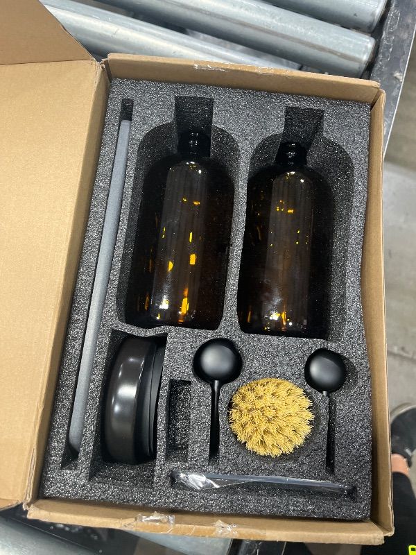 Photo 1 of [Luxury] Kitchen Soap Dispenser Set - 16OZ Amber Glass Bottle, Stainless Steel Pump, Instant Dry Tray, Waterproof Labels, Non-Slip Silicone Pad, and Dish Brush | Upgrade for Your Kitchen and Bathroom