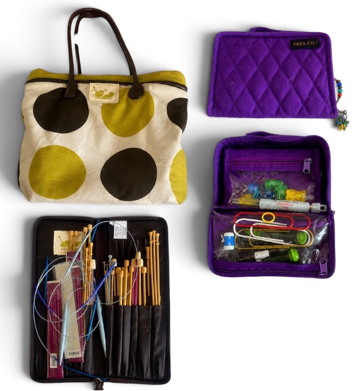Photo 1 of KNITTING & CROCHETING SUPPLIES -PICKERS, NEEDLES, TOTES AND PURPLE BEAD TOOLS & STORAGE BAG