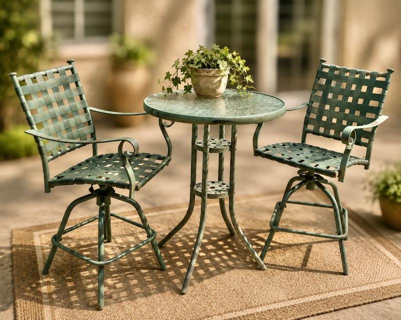 Photo 1 of METAL BAR HEIGHT OUTDOOR TABLE AND TWO CHAIRS WITH GREEN PATINA 28” X 28” X H 27 1/4” SEAT HEIGHT 26” OVERALL HEIGHT 43 1/2”