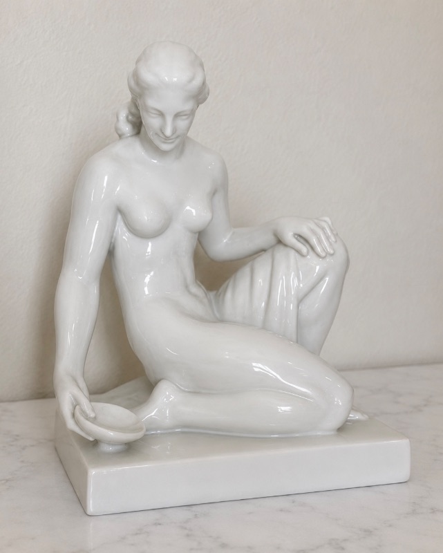 Photo 1 of AUGUST WILHELM GORBEL “ KNEELING WOMAN WITH BOWL”, PORCELAIN, GLAZED, SCULPTURE H14”