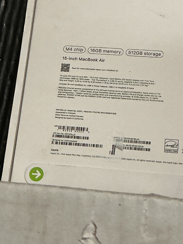 Photo 1 of Apple 2025 MacBook Air 15-inch Laptop with M4 chip: Built for Apple Intelligence, 15.3-inch Liquid Retina Display, 16GB Unified Memory, 512GB SSD Storage, 12MP Center Stage Camera, Touch ID; Midnight