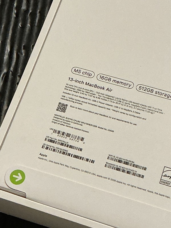 Photo 1 of Apple 2026 MacBook Air 13-inch Laptop with M5 chip: Built for AI, 13.6-inch Liquid Retina Display, 16GB Unified Memory, 512GB SSD, 12MP Center Stage Camera, Touch ID, Wi-Fi 7; Silver