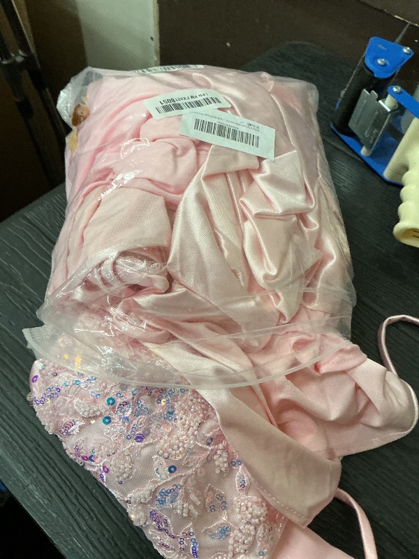 Photo 1 of Mermaid Satin Prom Dresses Long with Slit Spaghetti Strap V Neck Lace Appliques Blush Pink Prom Dress for Women Mermaid Ruched Formal Evening Gown