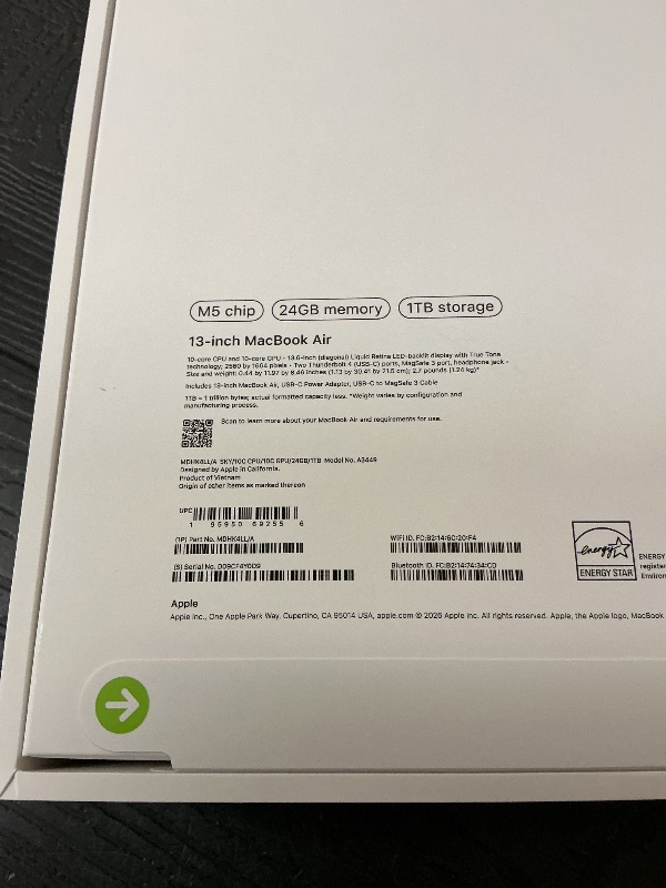 Photo 1 of Apple 2026 MacBook Air 13-inch Laptop with M5 chip: Built for AI, 13.6-inch Liquid Retina Display, 24GB Unified Memory, 1TB SSD, 12MP Center Stage Camera, Touch ID, Wi-Fi 7; Sky Blue