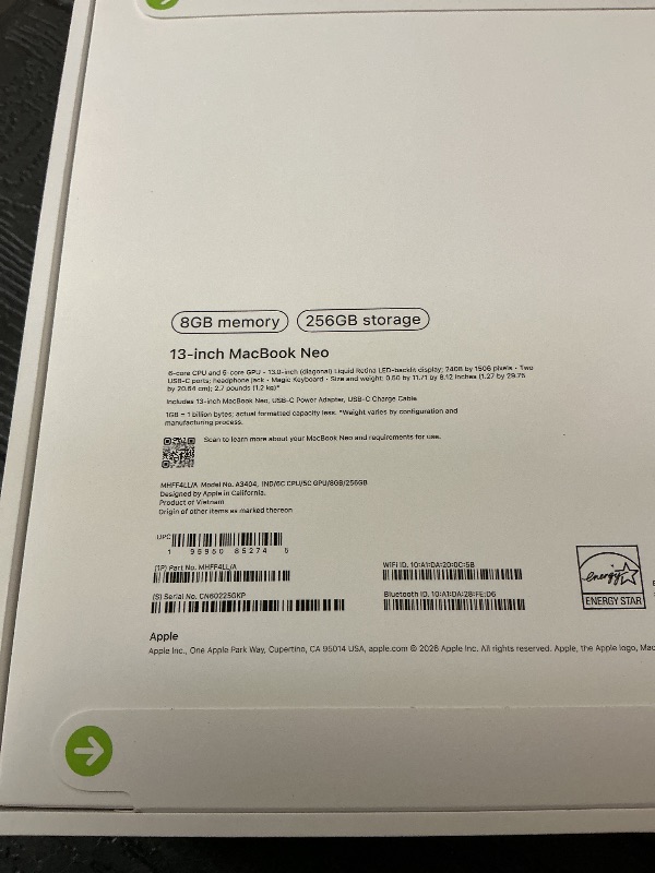 Photo 1 of Apple 2026 MacBook Neo 13-inch Laptop with A18 Pro chip: Built for AI and Apple Intelligence, Liquid Retina Display, 8GB Unified Memory, 256GB SSD Storage, 1080p FaceTime HD Camera; Indigo