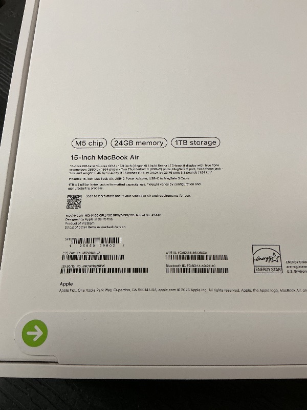 Photo 1 of Apple 2026 MacBook Air 15-inch Laptop with M5 chip: Built for AI, 15.3-inch Liquid Retina Display, 24GB Unified Memory, 1TB SSD, 12MP Center Stage Camera, Touch ID, Wi-Fi 7; Midnight