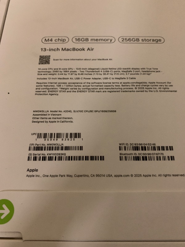 Photo 1 of Apple 2025 MacBook Air 13-inch Laptop with M4 chip: Built for Apple Intelligence, 13.6-inch Liquid Retina Display, 16GB Unified Memory, 256GB SSD Storage, 12MP Center Stage Camera, Touch ID; Silver *FACTORY SEALED*
