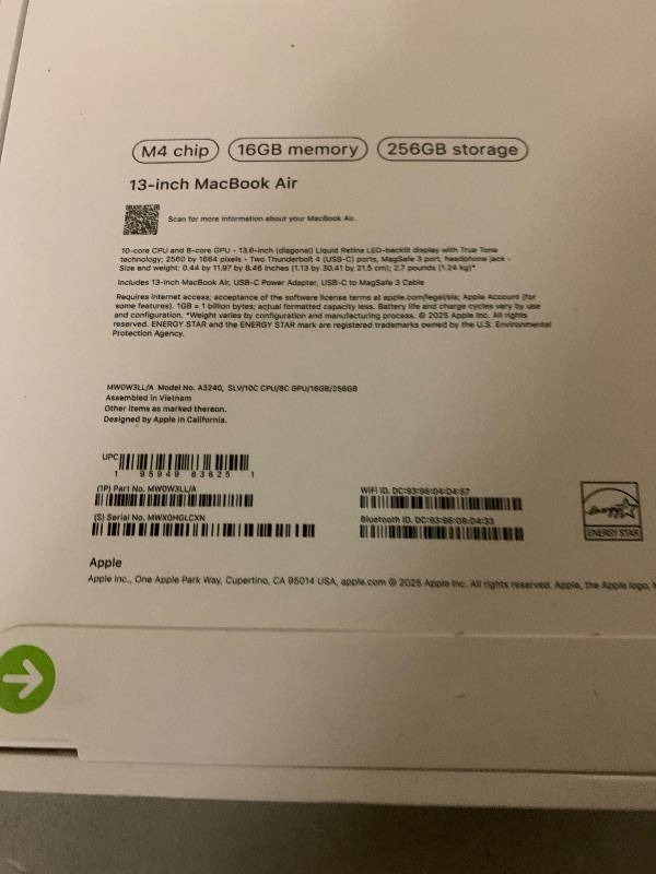 Photo 1 of Apple 2025 MacBook Air 13-inch Laptop with M4 chip: Built for Apple Intelligence, 13.6-inch Liquid Retina Display, 16GB Unified Memory, 256GB SSD Storage, 12MP Center Stage Camera, Touch ID; Silver *FACTORY SEALED*