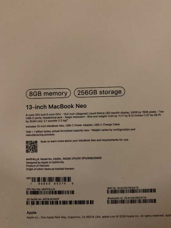 Photo 1 of Apple 2026 MacBook Neo 13-inch Laptop with A18 Pro chip: Built for AI and Apple Intelligence, Liquid Retina Display, 8GB Unified Memory, 256GB SSD Storage, 1080p FaceTime HD Camera; Indigo