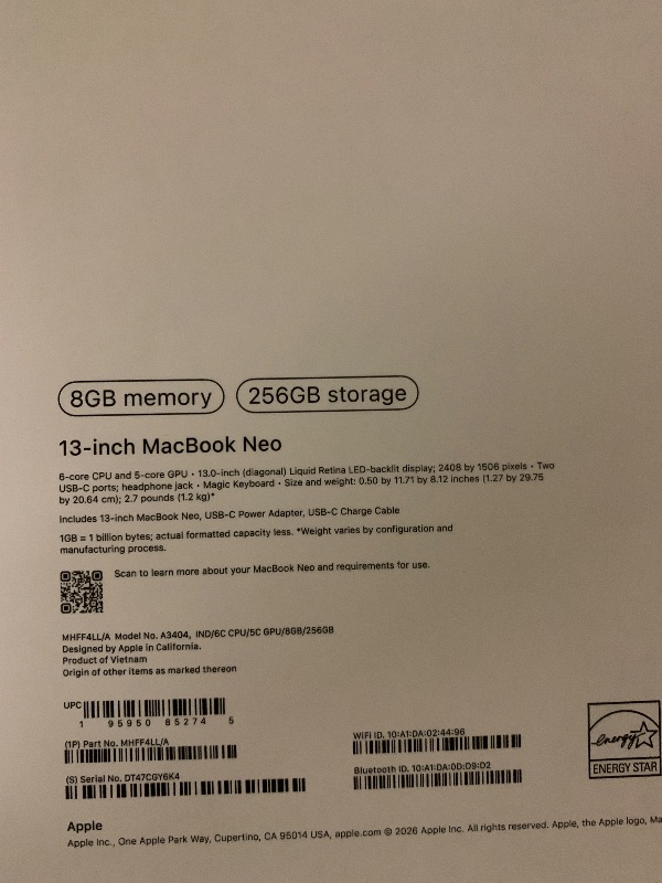 Photo 1 of Apple 2026 MacBook Neo 13-inch Laptop with A18 Pro chip: Built for AI and Apple Intelligence, Liquid Retina Display, 8GB Unified Memory, 256GB SSD Storage, 1080p FaceTime HD Camera; Indigo