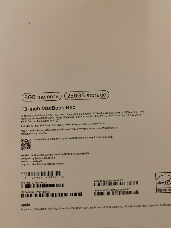 Photo 1 of Apple 2026 MacBook Neo 13-inch Laptop with A18 Pro chip: Built for AI and Apple Intelligence, Liquid Retina Display, 8GB Unified Memory, 256GB SSD Storage, 1080p FaceTime HD Camera; Indigo