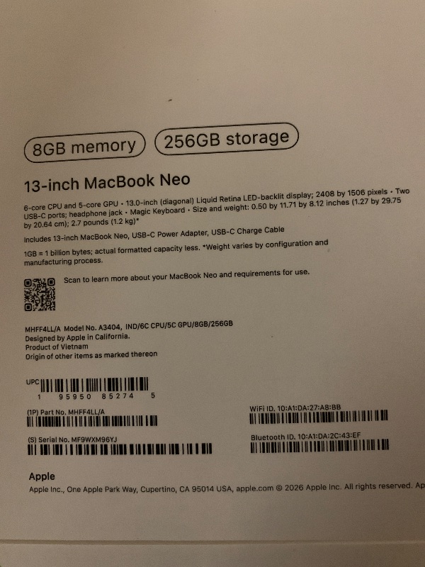 Photo 1 of Apple 2026 MacBook Neo 13-inch Laptop with A18 Pro chip: Built for AI and Apple Intelligence, Liquid Retina Display, 8GB Unified Memory, 256GB SSD Storage, 1080p FaceTime HD Camera; Indigo