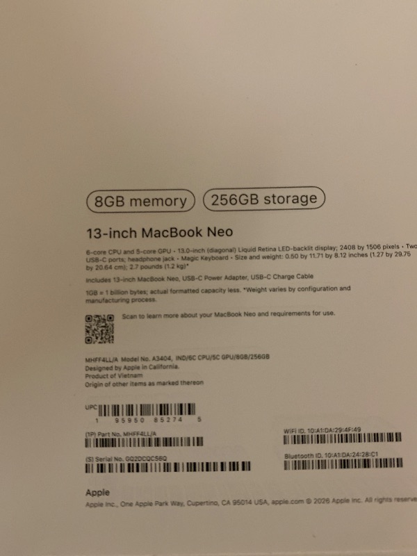 Photo 1 of Apple 2026 MacBook Neo 13-inch Laptop with A18 Pro chip: Built for AI and Apple Intelligence, Liquid Retina Display, 8GB Unified Memory, 256GB SSD Storage, 1080p FaceTime HD Camera; Indigo