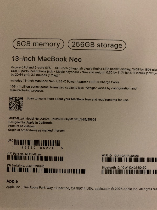 Photo 1 of Apple 2026 MacBook Neo 13-inch Laptop with A18 Pro chip: Built for AI and Apple Intelligence, Liquid Retina Display, 8GB Unified Memory, 256GB SSD Storage, 1080p FaceTime HD Camera; Indigo