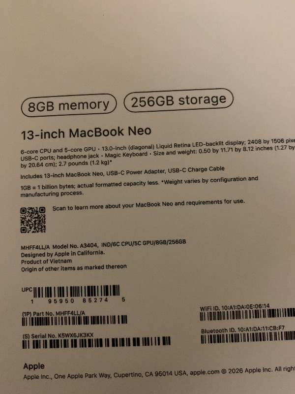 Photo 1 of Apple 2026 MacBook Neo 13-inch Laptop with A18 Pro chip: Built for AI and Apple Intelligence, Liquid Retina Display, 8GB Unified Memory, 256GB SSD Storage, 1080p FaceTime HD Camera; Indigo