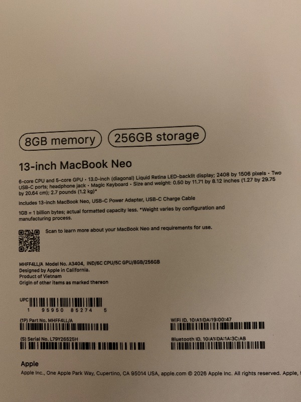 Photo 1 of Apple 2026 MacBook Neo 13-inch Laptop with A18 Pro chip: Built for AI and Apple Intelligence, Liquid Retina Display, 8GB Unified Memory, 256GB SSD Storage, 1080p FaceTime HD Camera; Indigo
