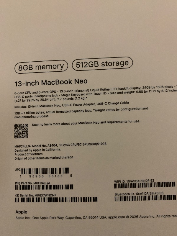 Photo 1 of Apple 2026 MacBook Neo 13-inch Laptop with A18 Pro chip: Built for AI and Apple Intelligence, Liquid Retina Display, 8GB Unified Memory, 512GB SSD Storage, 1080p FaceTime HD Camera, Touch ID; Silver
