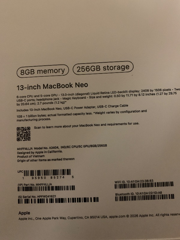 Photo 1 of Apple 2026 MacBook Neo 13-inch Laptop with A18 Pro chip: Built for AI and Apple Intelligence, Liquid Retina Display, 8GB Unified Memory, 256GB SSD Storage, 1080p FaceTime HD Camera; Indigo