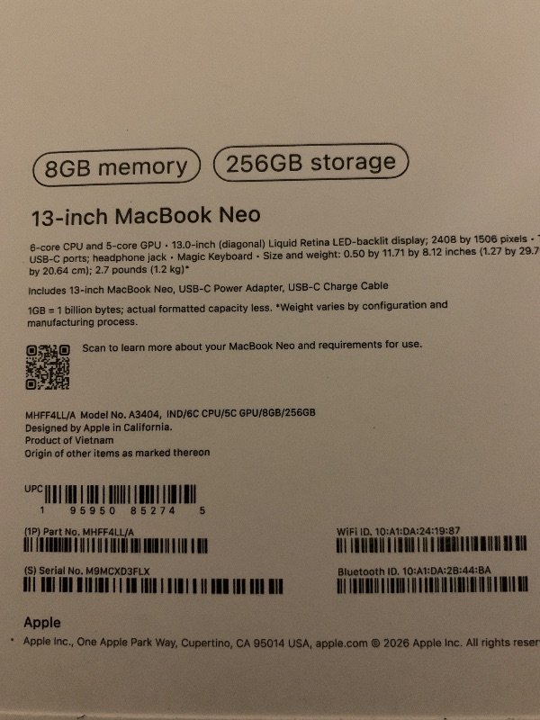 Photo 1 of Apple 2026 MacBook Neo 13-inch Laptop with A18 Pro chip: Built for AI and Apple Intelligence, Liquid Retina Display, 8GB Unified Memory, 256GB SSD Storage, 1080p FaceTime HD Camera; Indigo