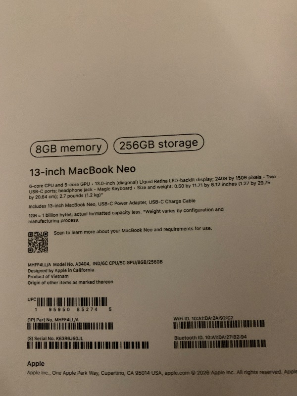 Photo 1 of Apple 2026 MacBook Neo 13-inch Laptop with A18 Pro chip: Built for AI and Apple Intelligence, Liquid Retina Display, 8GB Unified Memory, 256GB SSD Storage, 1080p FaceTime HD Camera; Indigo