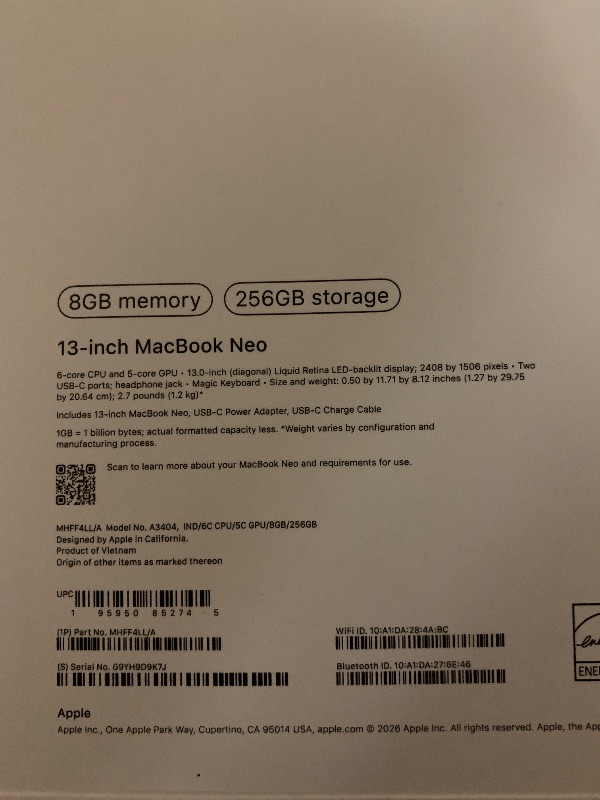 Photo 1 of Apple 2026 MacBook Neo 13-inch Laptop with A18 Pro chip: Built for AI and Apple Intelligence, Liquid Retina Display, 8GB Unified Memory, 256GB SSD Storage, 1080p FaceTime HD Camera; Indigo