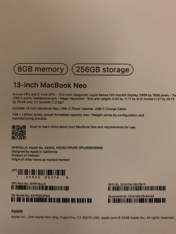 Photo 1 of Apple 2026 MacBook Neo 13-inch Laptop with A18 Pro chip: Built for AI and Apple Intelligence, Liquid Retina Display, 8GB Unified Memory, 256GB SSD Storage, 1080p FaceTime HD Camera; Indigo